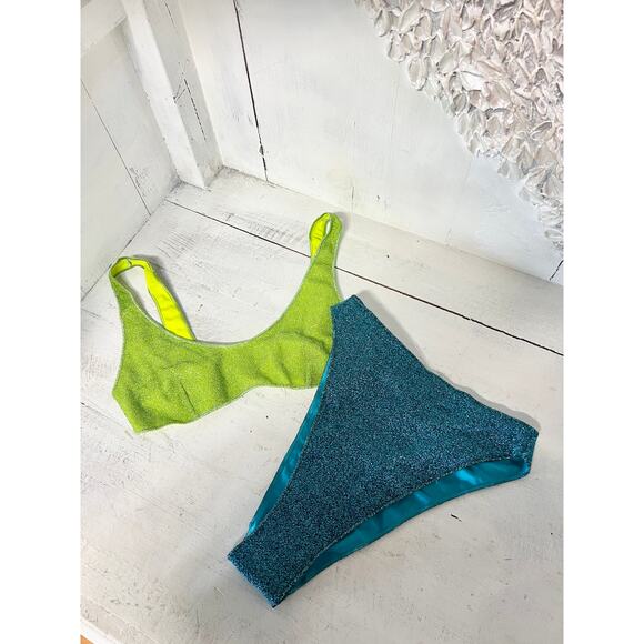 Oséree Lumiere 90's Sporty Two Piece Bikini Set Lime & Ocean Blue Women's Size S - Picture 2 of 7